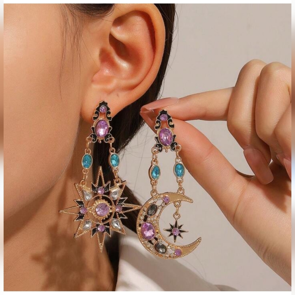Celestial~ Gold Sun & Moon Whimsigoth Lavender & Blue Crystal Dangle Earrings